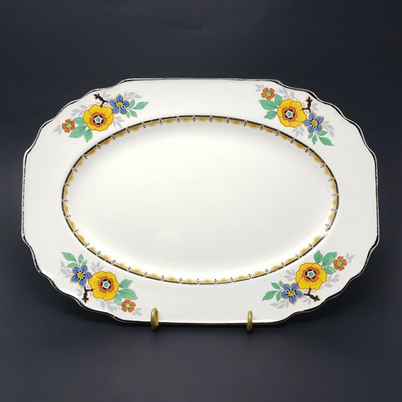 Art Deco Platter Myott Son & Co 2635 Black Edge Floral 11.75" Stafford - Picture 1 of 9